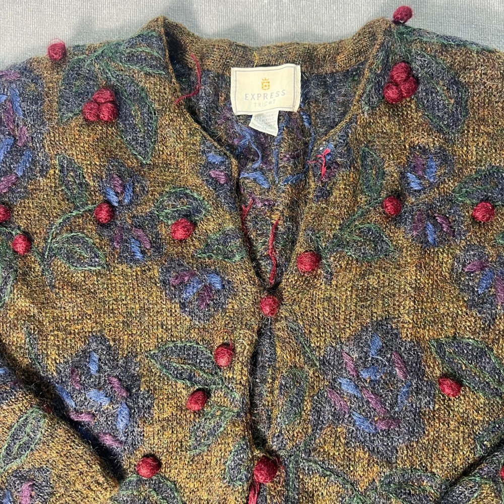 Vintage Express Tricot Womens Medium Mohair Blend Cardigan Floral Pom Pom Chunky - Picture 3 of 9